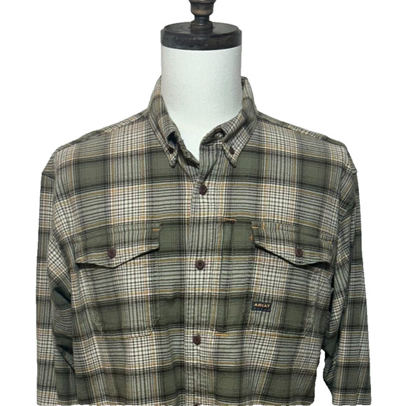Ariat Shirt Mens Large Green Flannel Rebar DuraStretch Long Sleeve Workwear - Picture 1 of 11
